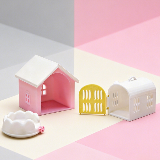 RHF332 3-Piece Pet Habitat Decor Set Pet Bed Hideout Travel Carrier Girly Pink & White Contrast Color Pet Scene 3-Piece Set