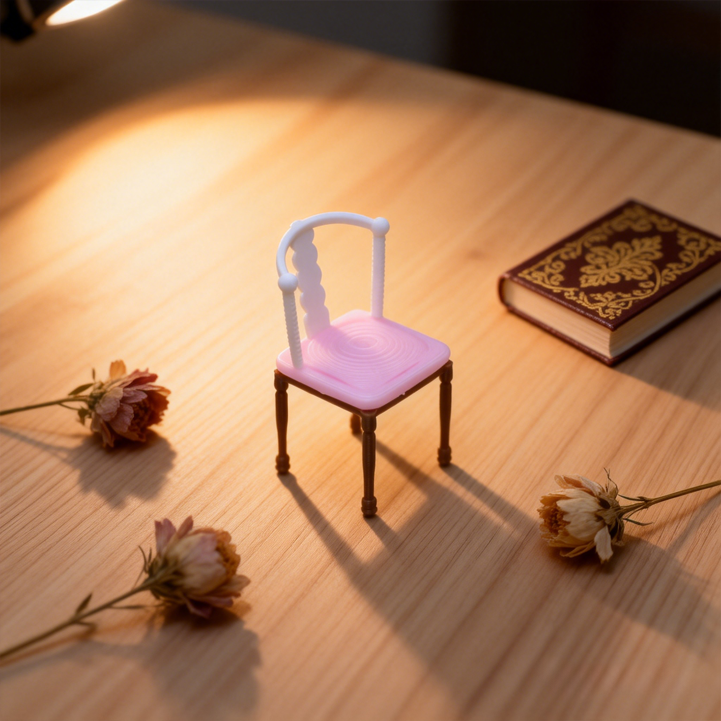 RHF327 Vintage High-Back Chair Pink White & Brown Contrast Color Retro Backrest Chair Miniature Scene Model Ornament
