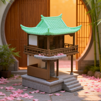 RHF291 Double-layer Ancient-style Observation Pavilion Ancient Style Double-Layer Observation Pavilion Miniature Building with Blue Tiles and Flying Eaves