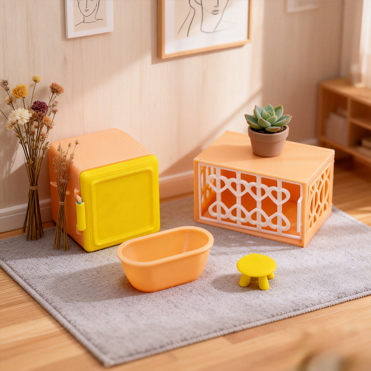 RHF336 4-Piece Pet Habitat Decor Set: Pet Toilet, Heart-Shaped Hideout, Mini Bathtub & Small Stool Vibrant Orange & Yellow Contrast Color Pet Scene 4-Piece Set