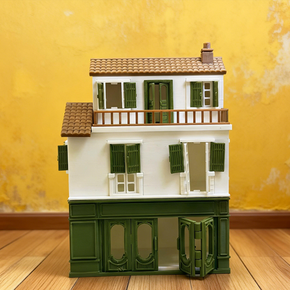 RHF294 French Retro Three-Story Townhouse French Retro Three-Story Townhouse, Miniature Building with White & Green Color Scheme and Balcony.