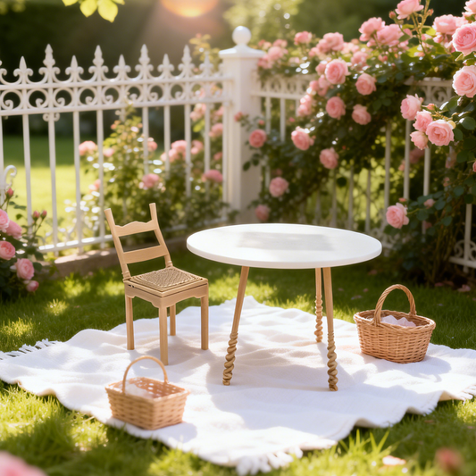 RHF307 Picnic Table & Chair Set Rose Garden Woven Table & Chair Picnic Set, Miniature Scene Model Ornament