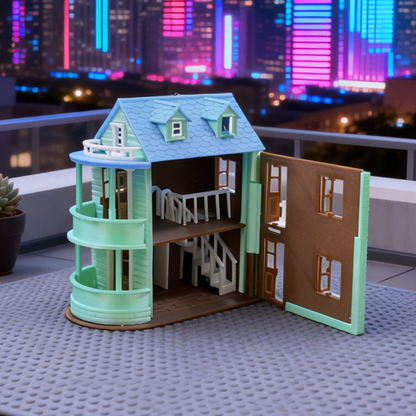 RHF289 Mint Green Beach Villa Mint Green Beach Villa, Blue Roof Curved Balcony Resort-style Miniature Building.
