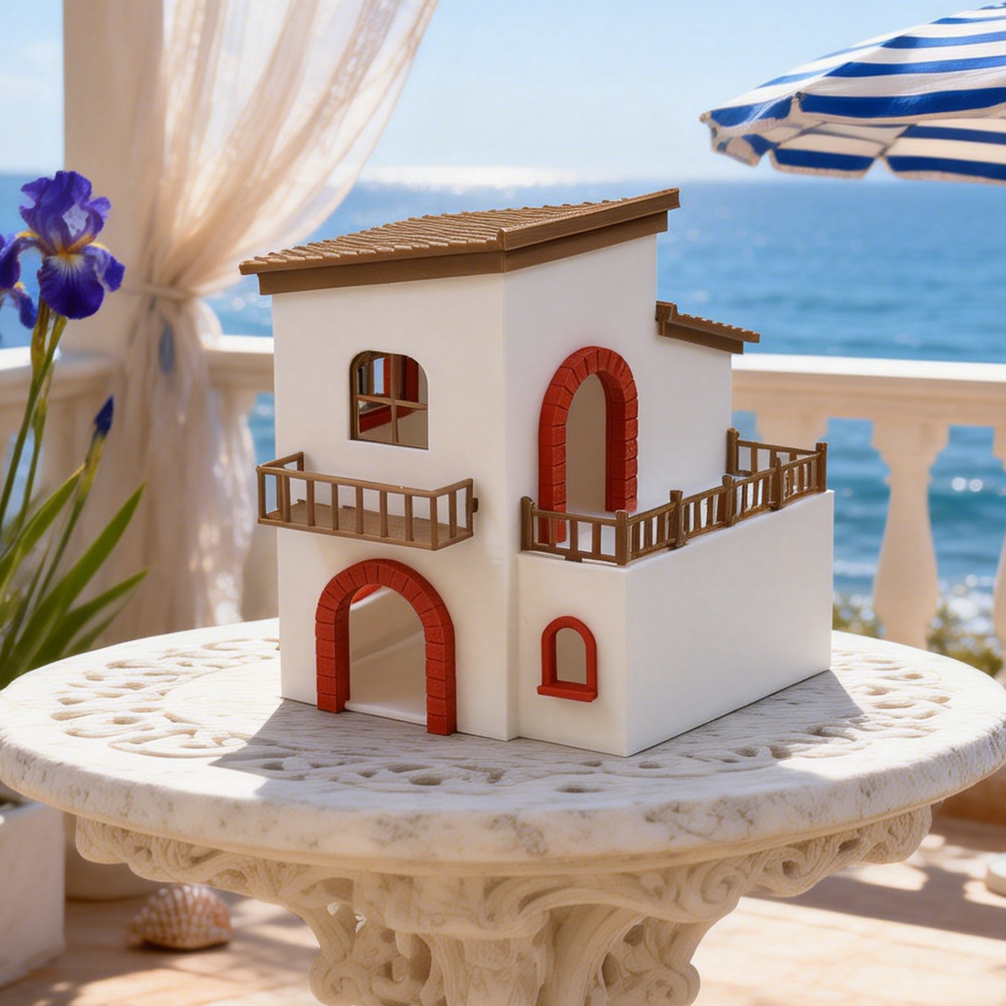 RHF295 Mediterranean-style Miniature Building with Red Arches and White Walls Mediterranean Style Red Arch White Wall Miniature Building