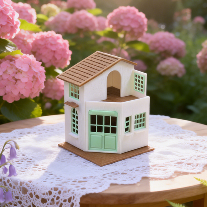 RHF293 Milky White Fresh Double-Layer Cabin Milky White Fresh Double-Layer Cabin, Miniature Building with Mint Green Doors and Windows.