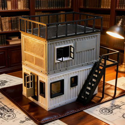 RHF288 Double-storey Container Converted House Double-layer Container Renovation House, Industrial-style Miniature Building with Stairs and Terrace.