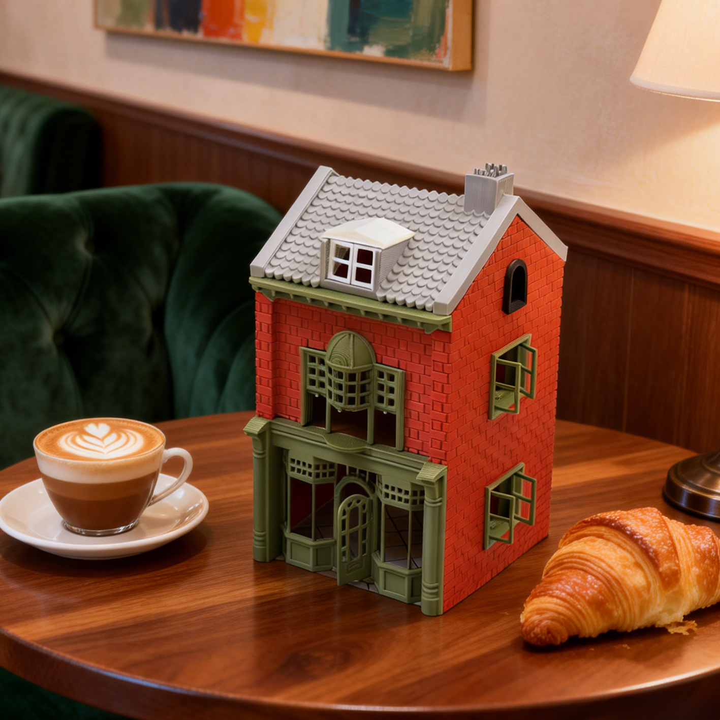RHF292 British Retro Red Brick Cafe British Retro Red Brick Cafe Miniature Building with Green Frame Window Patterns