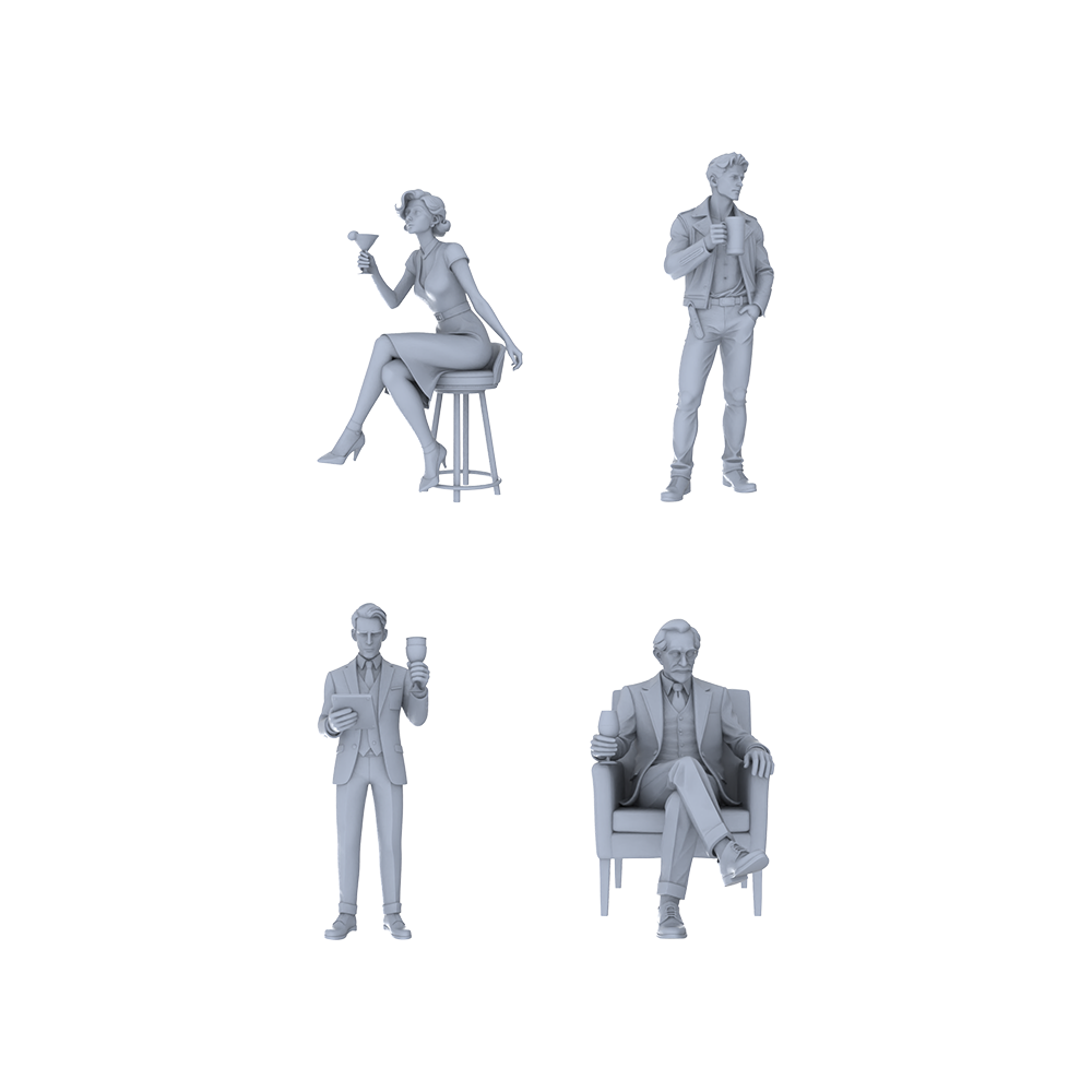 Yao's Studio LYTR214  Unpainted Miniature 4-Piece Set - Cocktail Party & Bar Scene Models for Realistic Dioramas Miniatures Diorama Resin Figures