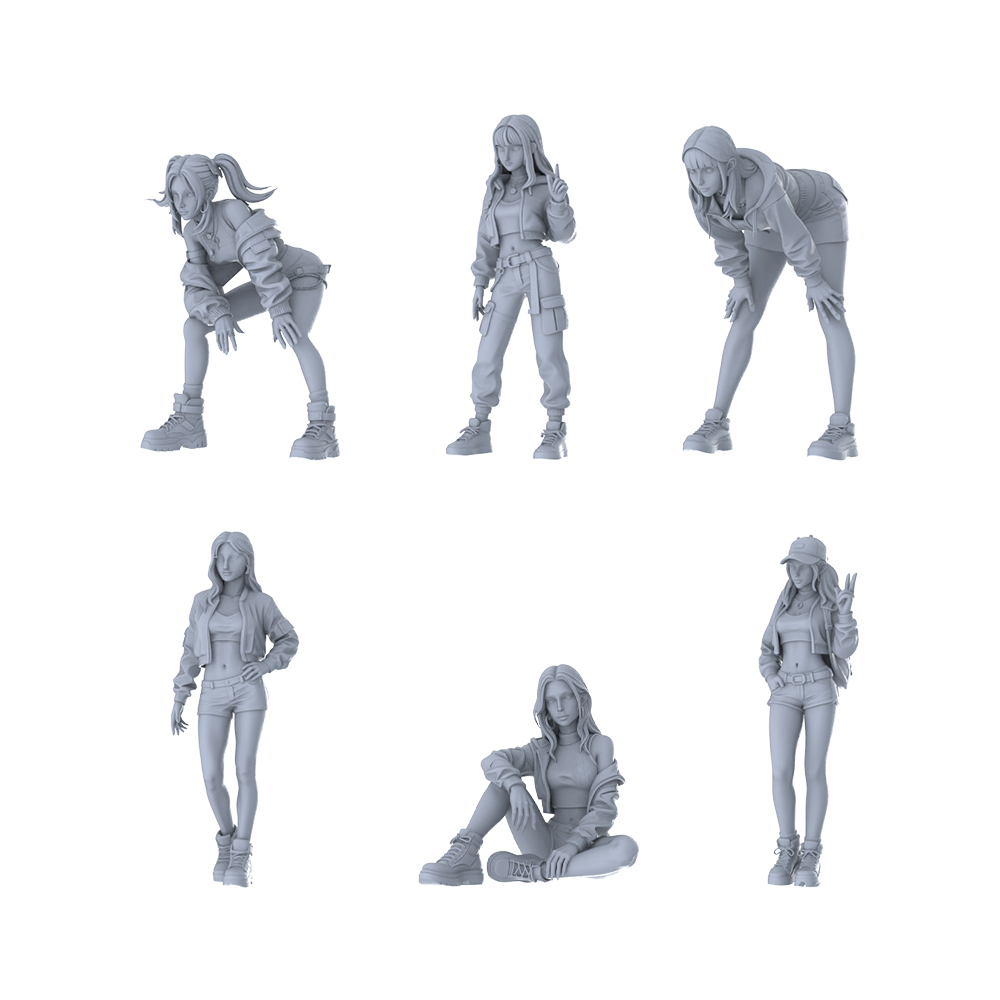 MRY-SFW LYTR653 Modern Trendy Street Style Young Female Multi-Pose Six-Person Set Miniature Car Diorama Figures Scene Props Accessories Resin