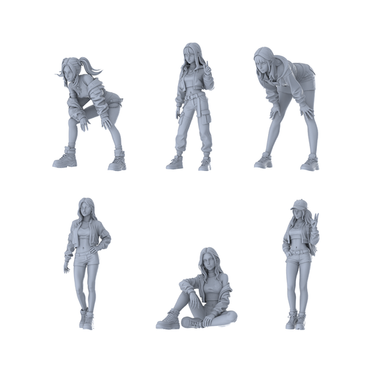MRY-SFW LYTR653 Modern Trendy Street Style Young Female Multi-Pose Six-Person Set Miniature Car Diorama Figures Scene Props Accessories Resin