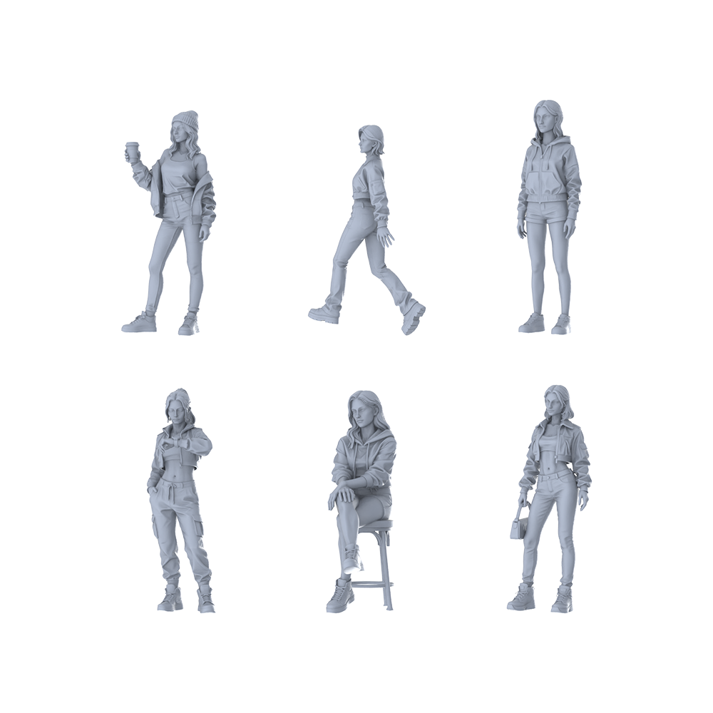 MRY-SFW LYTR640 Modern Street Casual Style Young Female Multi-Pose Six-Person Set Miniature Car Diorama Figures Scene Props Accessories Resin