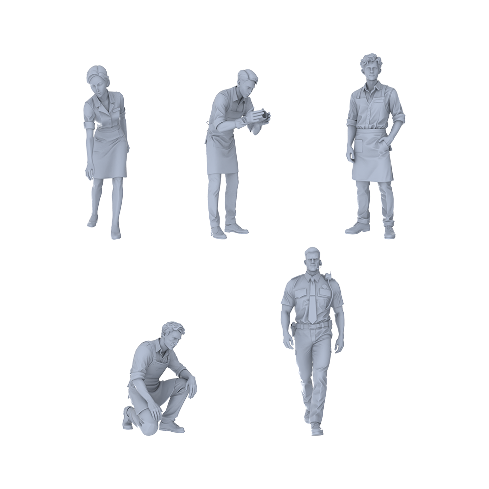 Yao's Studio LYTR213 Unpainted Miniature 5-Piece Set - Multi-Role Service Staff & Security Scene Models for Detailed Dioramas Miniatures Diorama Resin Figures