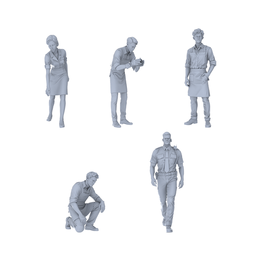 Yao's Studio LYTR213 Unpainted Miniature 5-Piece Set - Multi-Role Service Staff & Security Scene Models for Detailed Dioramas Miniatures Diorama Resin Figures