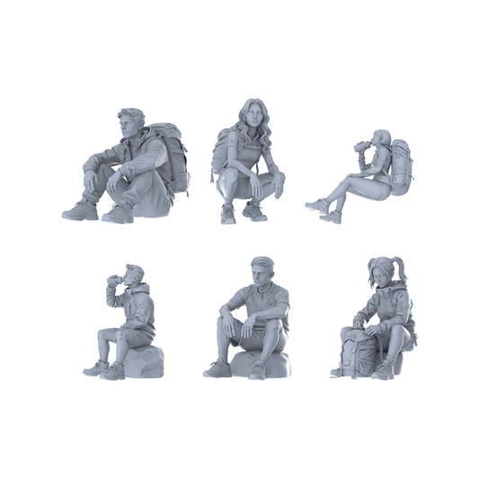 MRY-SFW LYTR675 Modern Outdoor Hiking Rest Style Multi-Character Multi-Pose Six-Person Set Miniature Car Diorama Figures Scene Props Accessories Resin