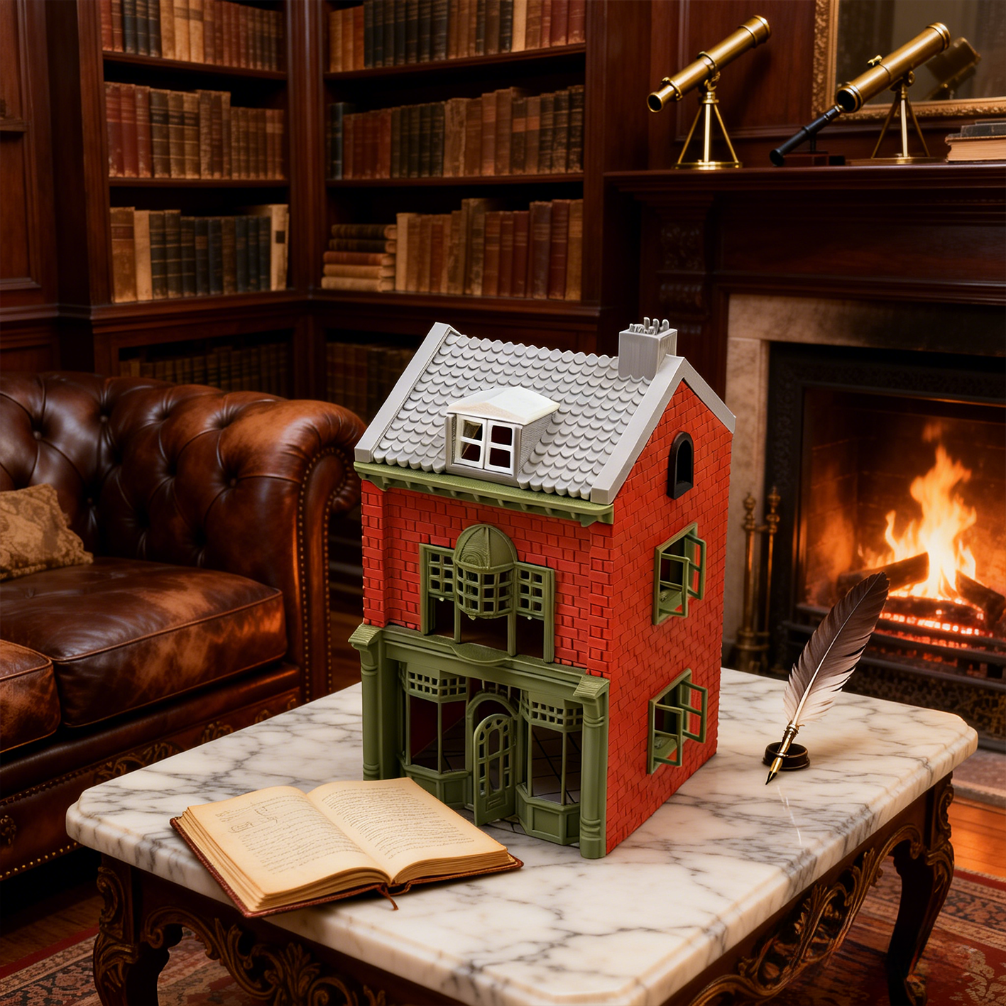 RHF292 British Retro Red Brick Cafe British Retro Red Brick Cafe Miniature Building with Green Frame Window Patterns
