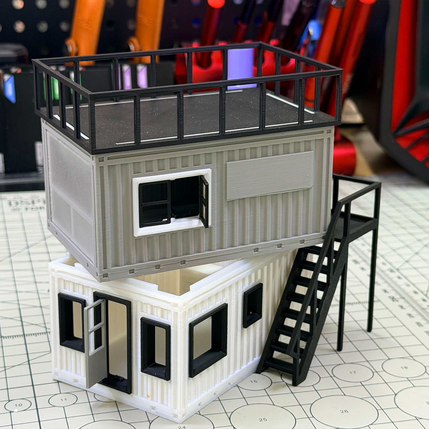 RHF288 Double-storey Container Converted House Double-layer Container Renovation House, Industrial-style Miniature Building with Stairs and Terrace.
