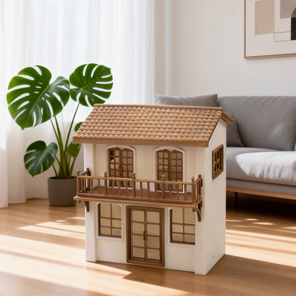 RHF285 Milky White Retro-style Miniature House Milky White Retro-style Miniature House, Double-storey Building with Balcony