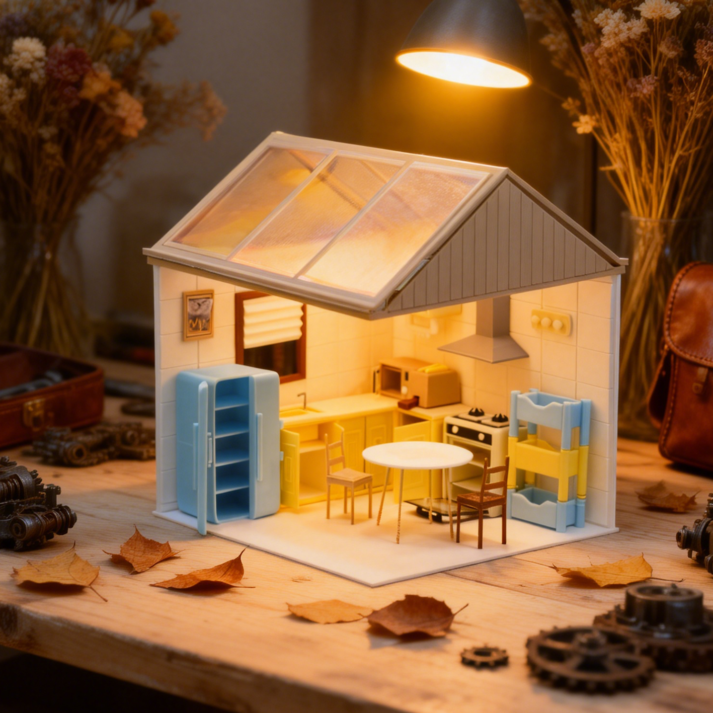 RHF306 Kitchen Scene Set Warm Light Sunroom Retro Kitchen Scene Set, Miniature Scene Model OrnamentHome Scene Prop