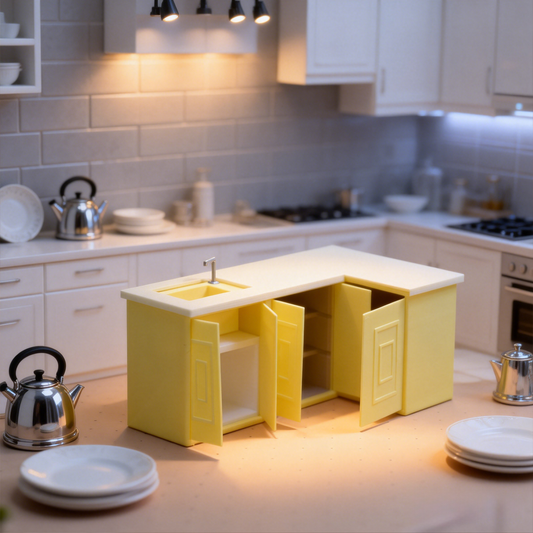 RHF311 Corner Sink Cabinet Cream Yellow L-Shaped Corner Sink Cabinet, Miniature Scene Model Ornament Dollhouse Accessory