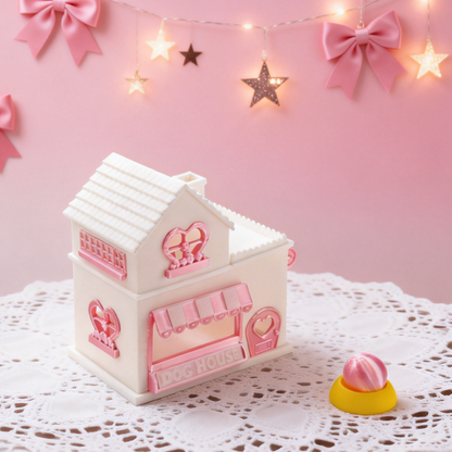 RHF335 2-Piece Pet Habitat Decor Set: Double-Layer Heart-Shaped Pet House & Peach Toy Girly Pink & White Contrast Color Pet Scene 2-Piece Set