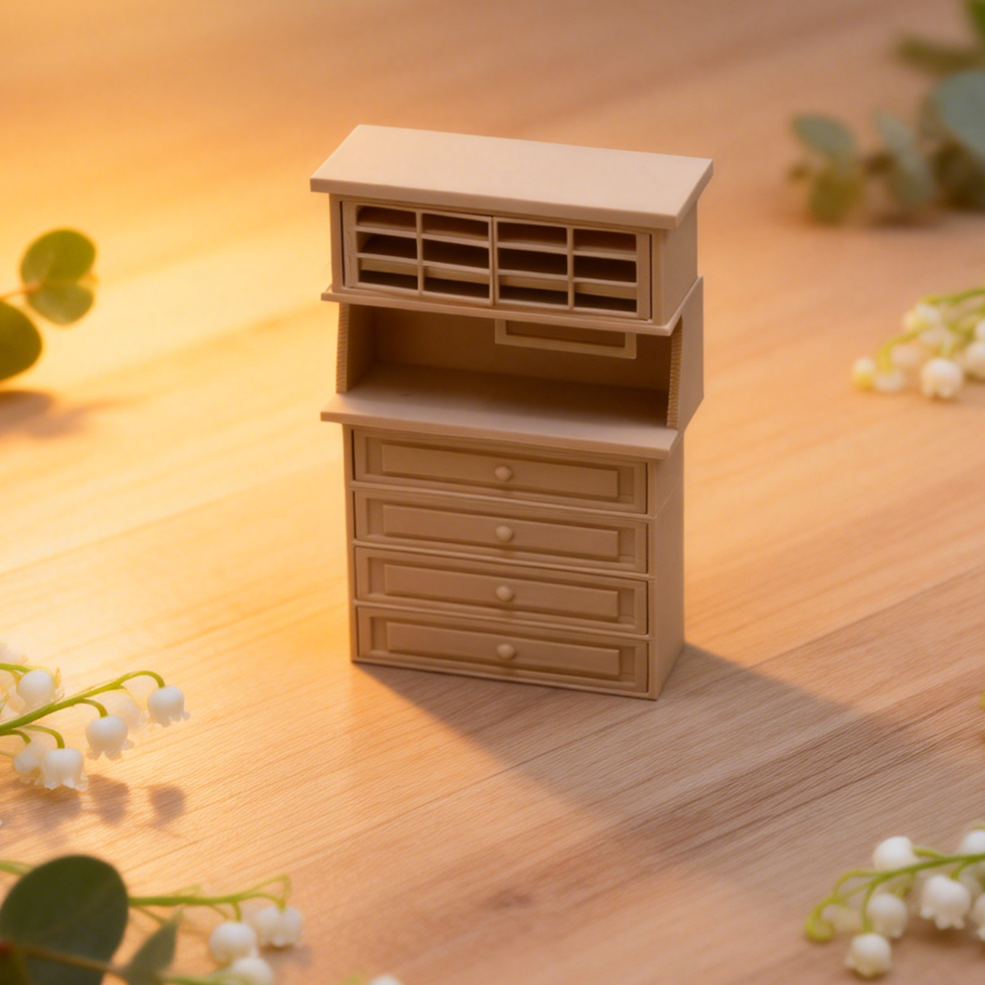 RHF317 Four-Drawer Tall Desk Cabinet Milk Coffee Color Retro 4-Drawer Tall Cabinet Writing Desk, Miniature Scene Model Ornament