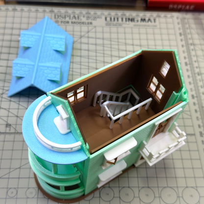 RHF289 Mint Green Beach Villa Mint Green Beach Villa, Blue Roof Curved Balcony Resort-style Miniature Building.