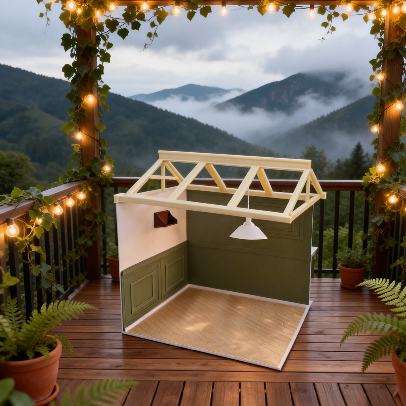 RHF321 Skylight Room Scene Background Board Forest Green Greenhouse Scene Backdrop Base, Miniature Model Prop