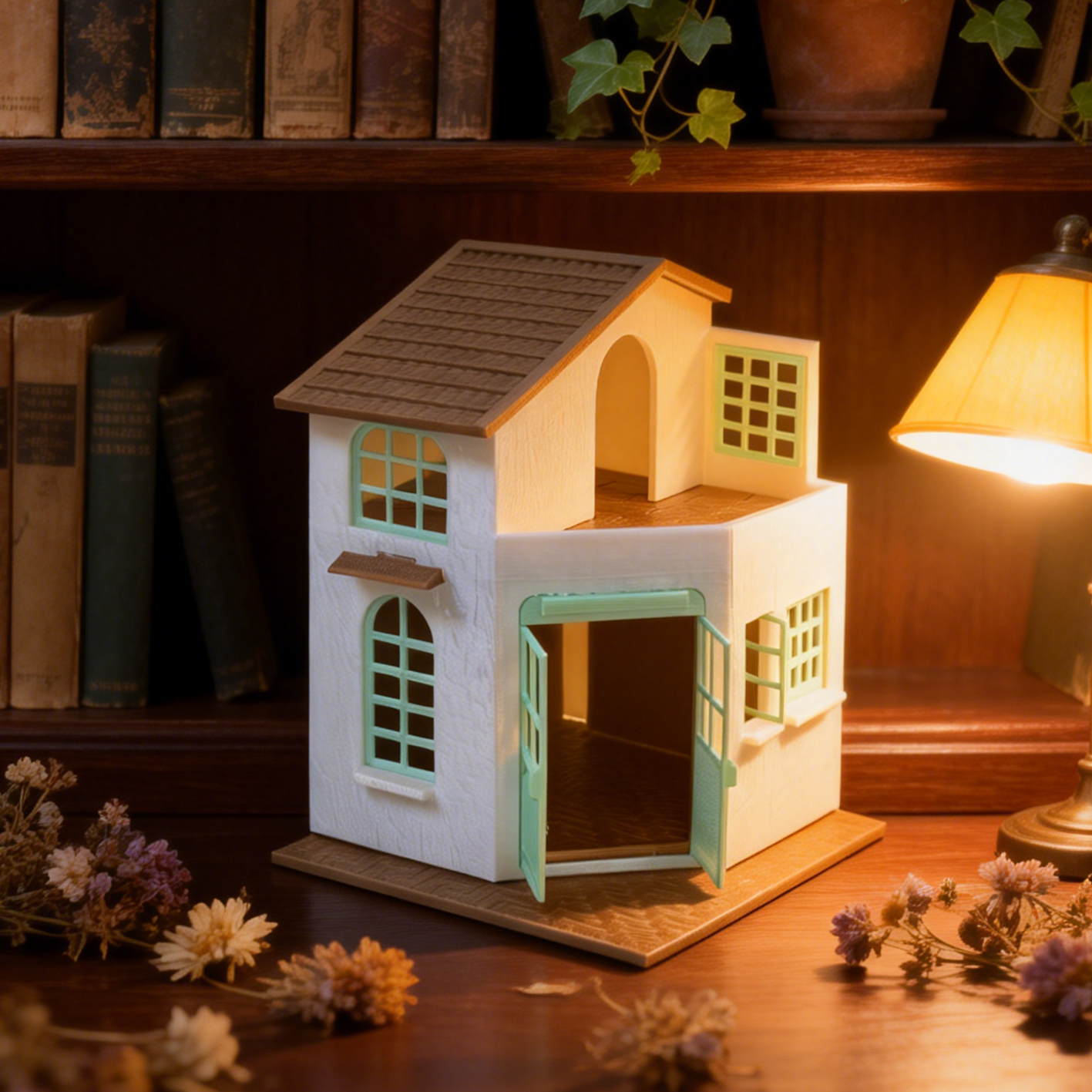 RHF293 Milky White Fresh Double-Layer Cabin Milky White Fresh Double-Layer Cabin, Miniature Building with Mint Green Doors and Windows.