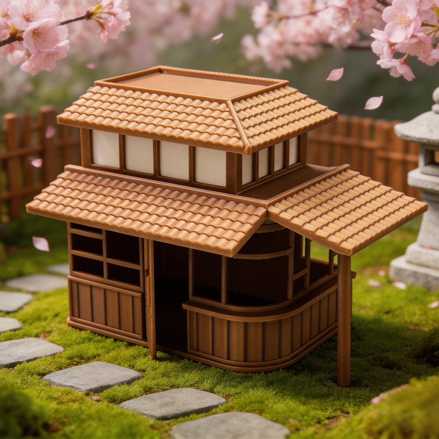 RHF290 Japanese-style Double-story Machiya Japanese-style Double-layer Machiya, Cherry Blossom Courtyard Style Miniature Building.