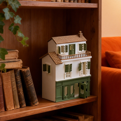 RHF294 French Retro Three-Story Townhouse French Retro Three-Story Townhouse, Miniature Building with White & Green Color Scheme and Balcony.