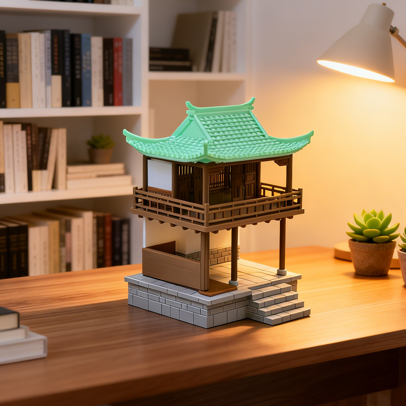 RHF291 Double-layer Ancient-style Observation Pavilion Ancient Style Double-Layer Observation Pavilion Miniature Building with Blue Tiles and Flying Eaves