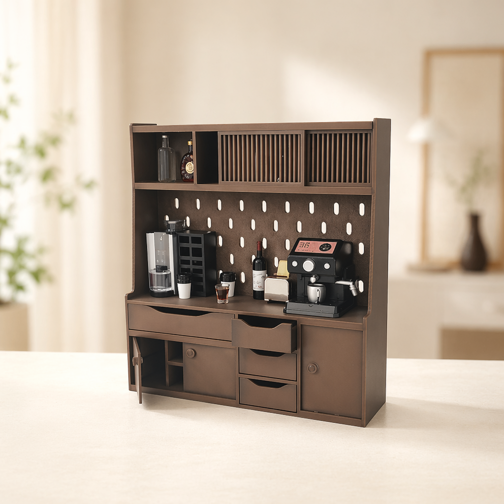 RHF0468 Modern Log-Style Sideboard Mini sideboard, pegboard sideboard, dollhouse kitchen setup, tiny coffee corner, dollhouse multi-drawer storage cabinet