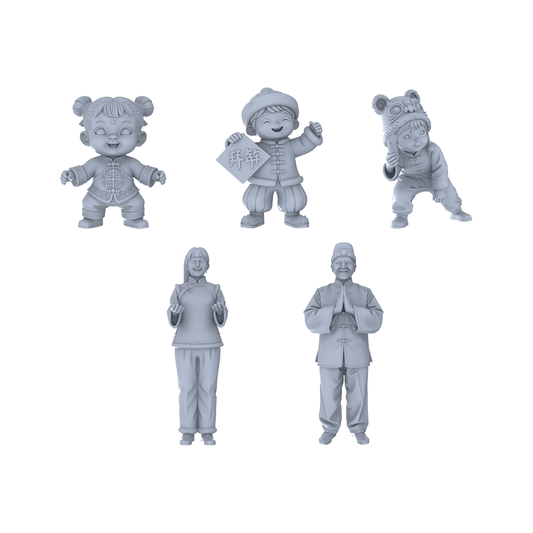 Yao's Studio LYTR257  Chinese New Year Greeting Figures Resin Miniature Model 5-Figure Set, Unpainted Traditional Festival Figures, DIY Painting Scene Decoration Miniatures Diorama Resin Figures