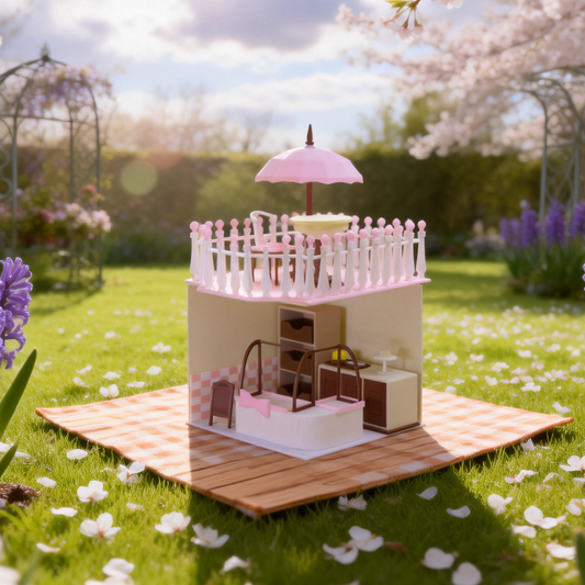 RHF322 Two-Story Terrace Dessert Shop Scene Set Pink & White 2-Tier Terrace Dessert Shop Scene Set