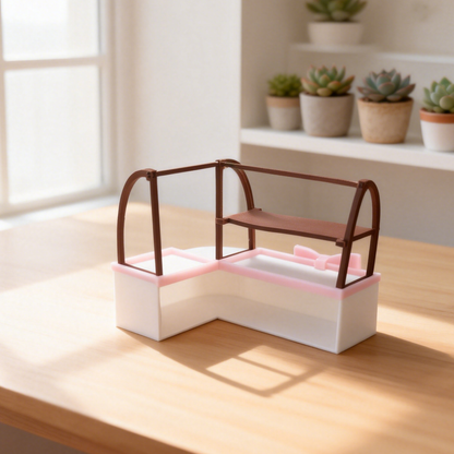 RHF329 Bowknot Dessert Display Cabinet Pink White & Brown Contrast Color Bow Dessert Display Case Miniature Scene Model