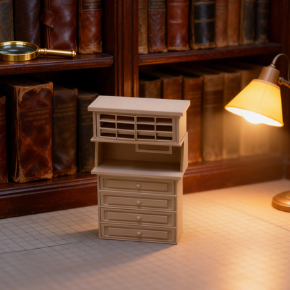 RHF317 Four-Drawer Tall Desk Cabinet Milk Coffee Color Retro 4-Drawer Tall Cabinet Writing Desk, Miniature Scene Model Ornament