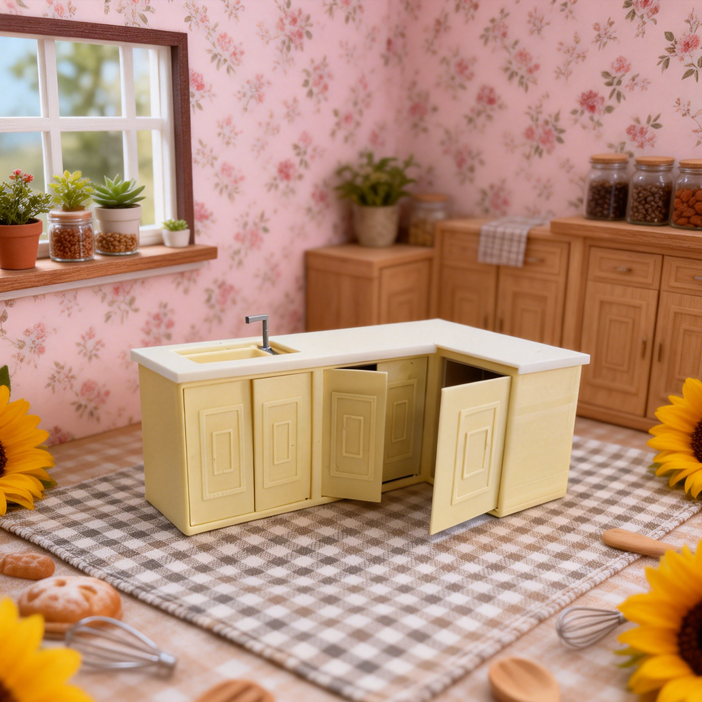 RHF311 Corner Sink Cabinet Cream Yellow L-Shaped Corner Sink Cabinet, Miniature Scene Model Ornament Dollhouse Accessory