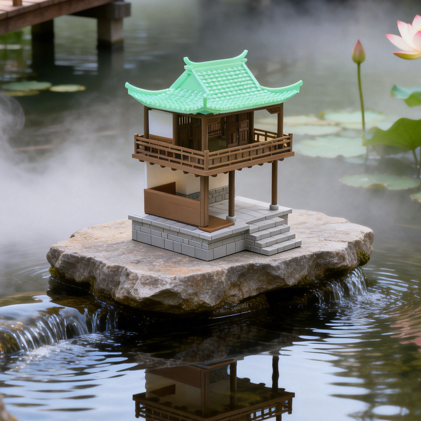 RHF291 Double-layer Ancient-style Observation Pavilion Ancient Style Double-Layer Observation Pavilion Miniature Building with Blue Tiles and Flying Eaves