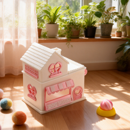 RHF335 2-Piece Pet Habitat Decor Set: Double-Layer Heart-Shaped Pet House & Peach Toy Girly Pink & White Contrast Color Pet Scene 2-Piece Set