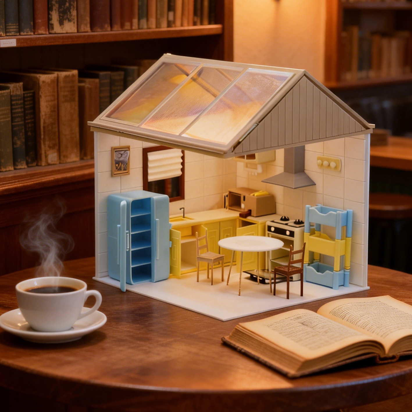RHF306 Kitchen Scene Set Warm Light Sunroom Retro Kitchen Scene Set, Miniature Scene Model OrnamentHome Scene Prop