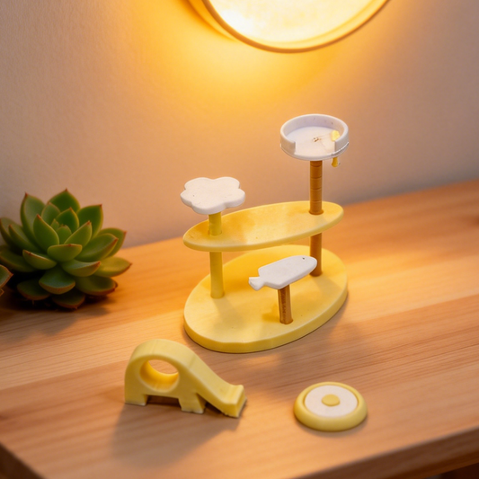 RHF337 3-Piece Pet Habitat Decor Set: Cloud-shaped Cat Tree, Hideout Hut & Food Bowl Soft Milk Yellow Contrast Color Pet Scene 3-Piece Set
