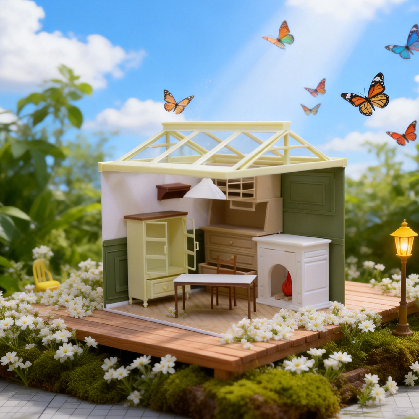 RHF316 Sunroom Scene Set Cream Green Fireplace Sunroom Scene Set Miniature Scene Model Ornament Dollhouse Accessory Home Scene Prop Desktop Creative Decor