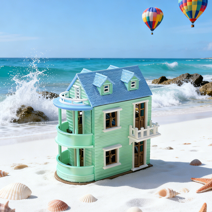 RHF289 Mint Green Beach Villa Mint Green Beach Villa, Blue Roof Curved Balcony Resort-style Miniature Building.