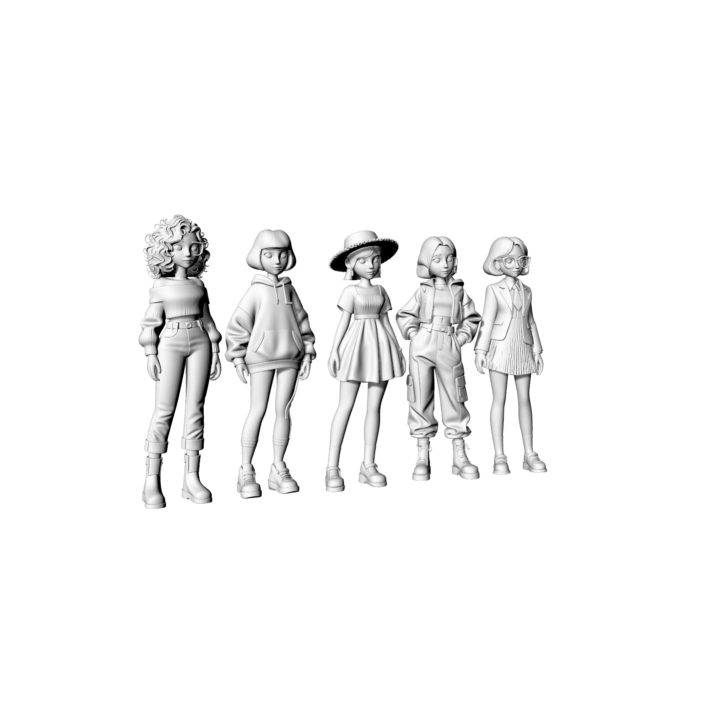 Yao's Studio LYTR068  Trendy Girls Group 3D Print Model Set, 5-Style Unpainted Figures, DIY Painting Kit 1set