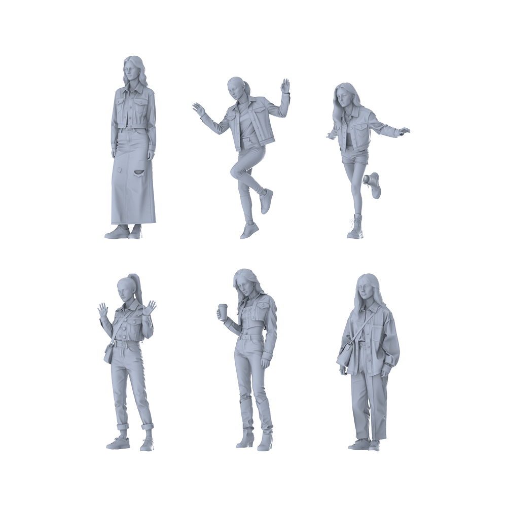 MRY-SFW LYTR657 Modern Denim Casual Style Young Female Multi-Pose Six-Person Set Miniature Car Diorama Figures Scene Props Accessories Resin