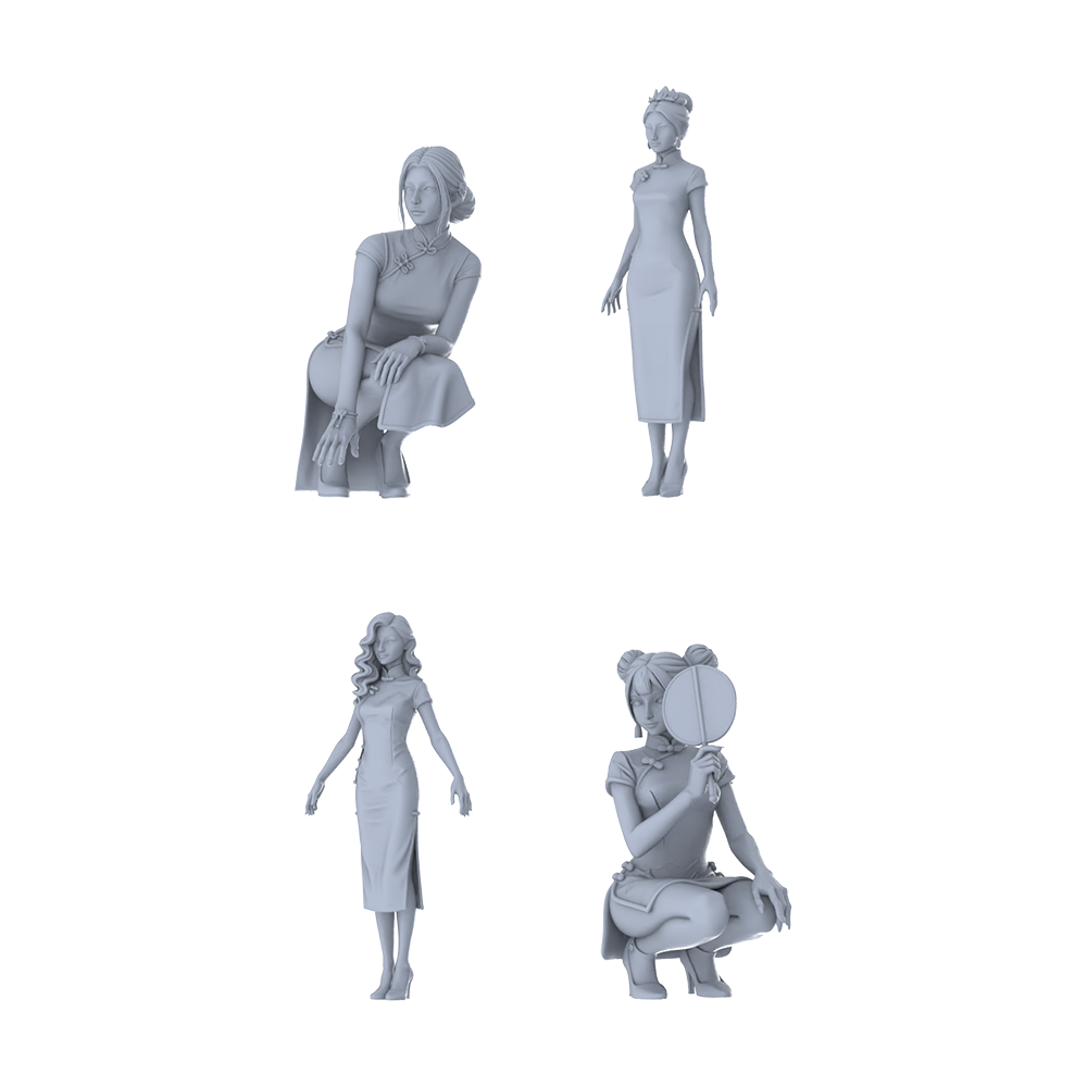 MRY-SFW LYTR660 Modern Chinese Cheongsam Style Young Female Multi-Pose Four-Person Set Miniature Car Diorama Figures Scene Props Accessories Resin