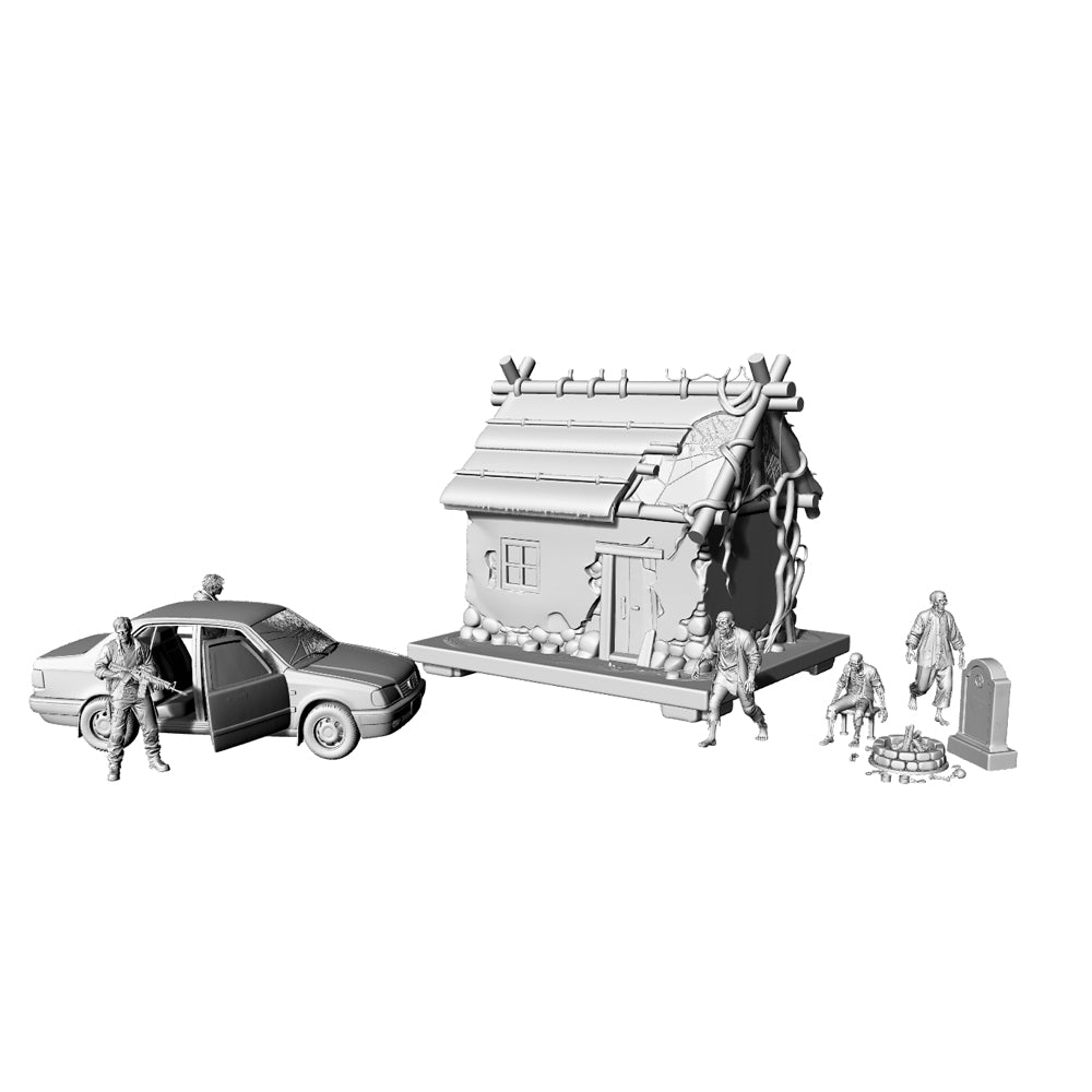 MRY-SFW LYTS322 3D Printed Post-Apocalyptic Survivor Diorama: Scavenging at a Ruined Thatched Hut for Tabletop Wargaming