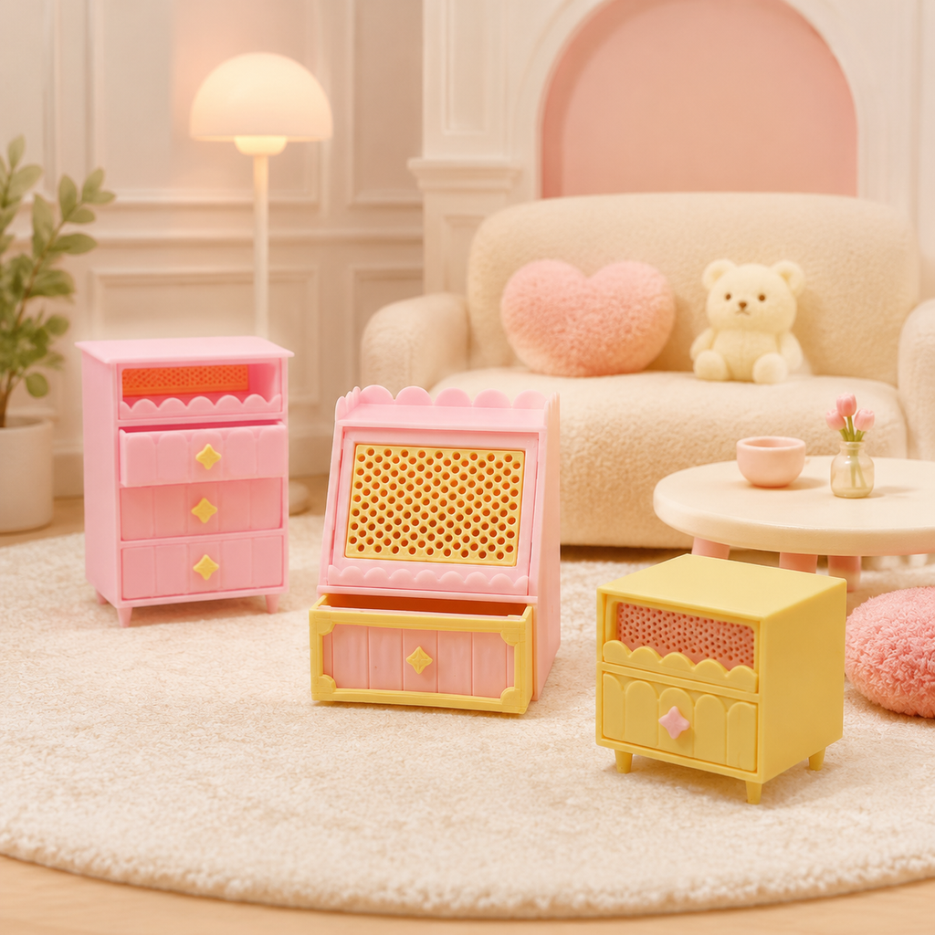 RHF542A  INS Creamy Yellow Wavy Storage Cabinet Set Macaron-colored dollhouse furniture, playful pink and yellow contrasting dollhouse set, creamy mini furniture, dollhouse miniature scene furniture, trendy wavy furniture