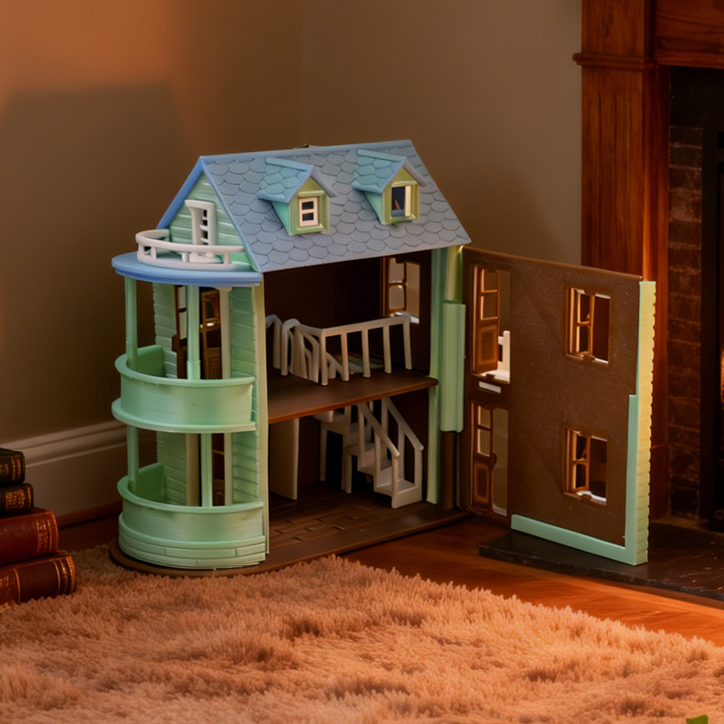RHF289 Mint Green Beach Villa Mint Green Beach Villa, Blue Roof Curved Balcony Resort-style Miniature Building.