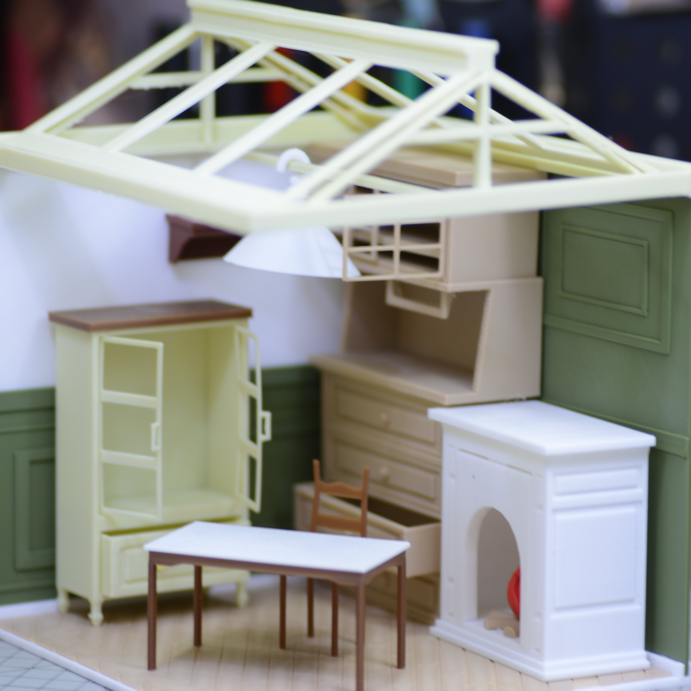 RHF316 Sunroom Scene Set Cream Green Fireplace Sunroom Scene Set Miniature Scene Model Ornament Dollhouse Accessory Home Scene Prop Desktop Creative Decor